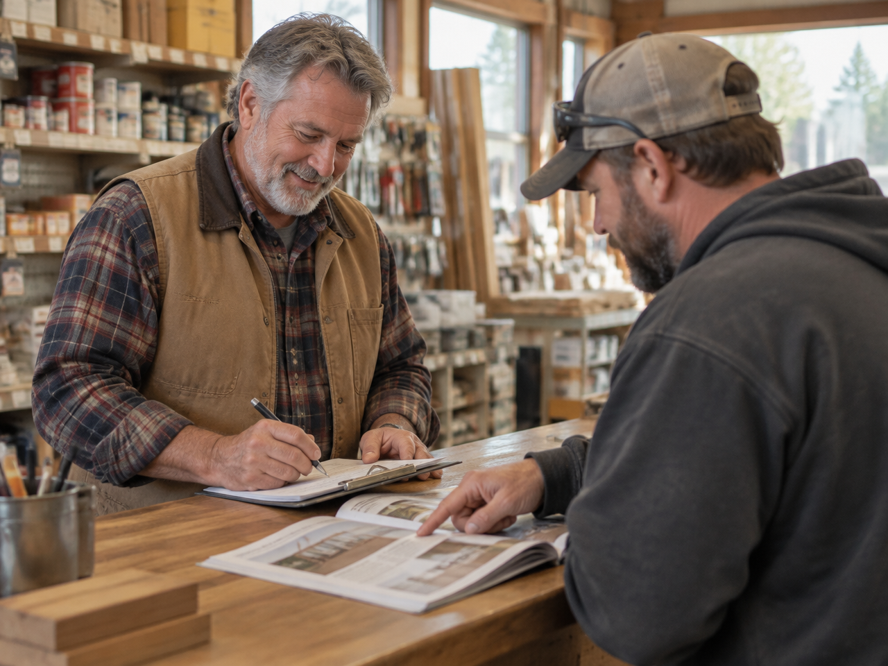 Lumber store owner taking an order at the sales counter with a contractor customer