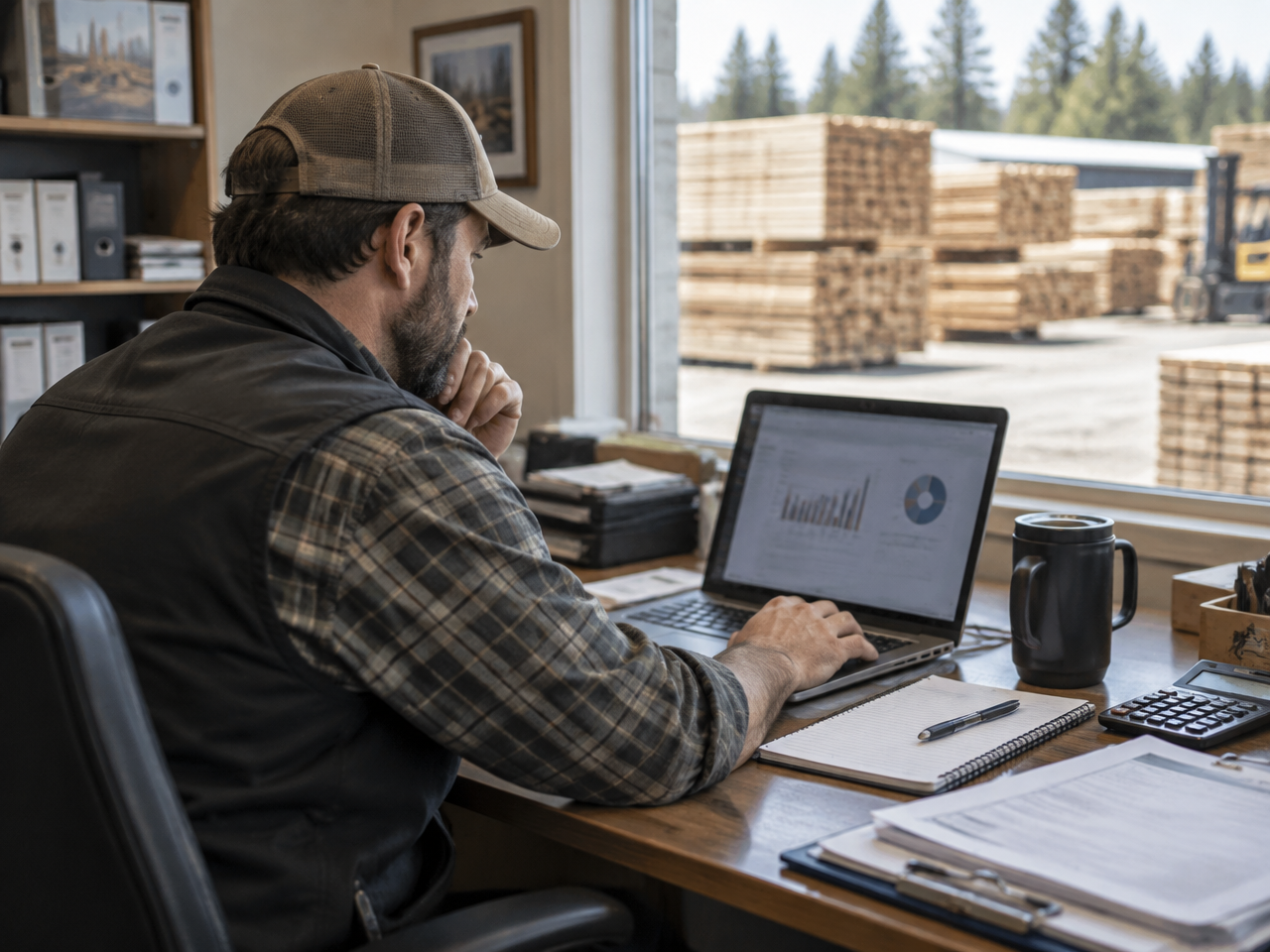 Dealer reviewing sales and rebate figures on a laptop in an office overlooking the lumberyard