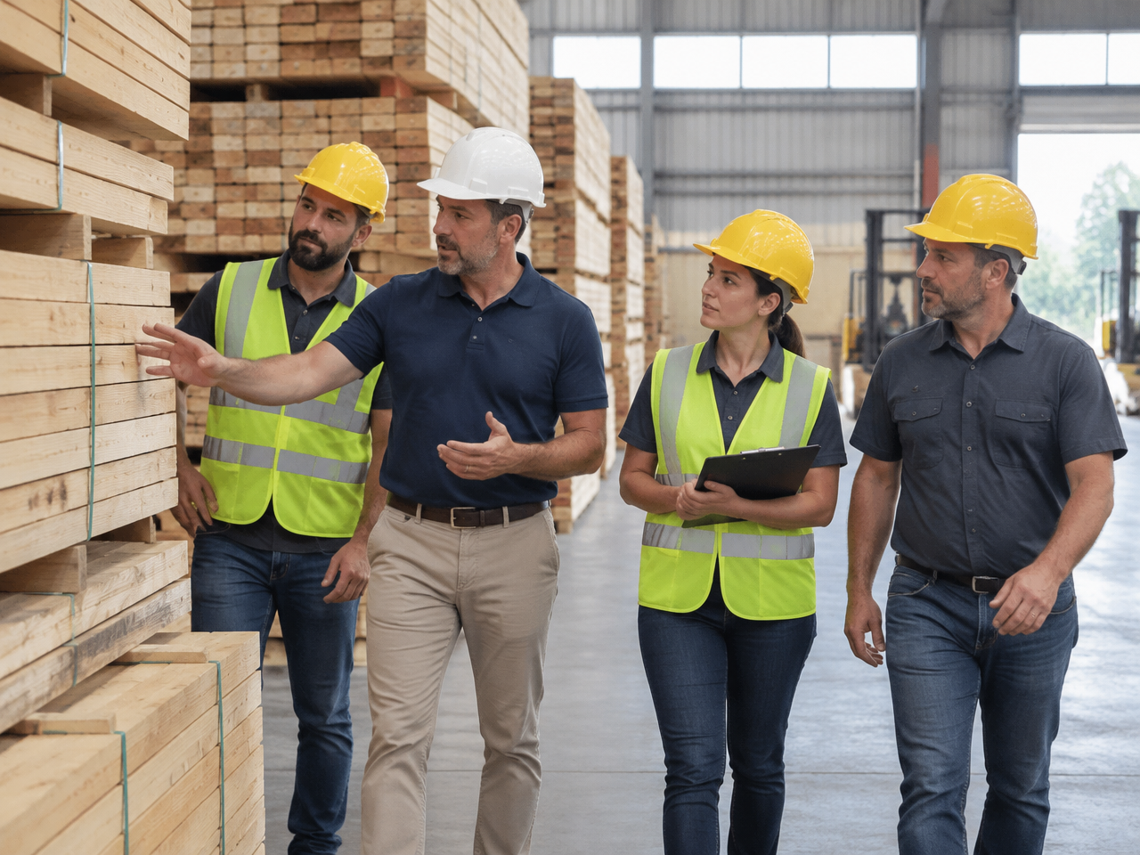 Regional buyer walking with the dealer team between stacks of lumber in the warehouse