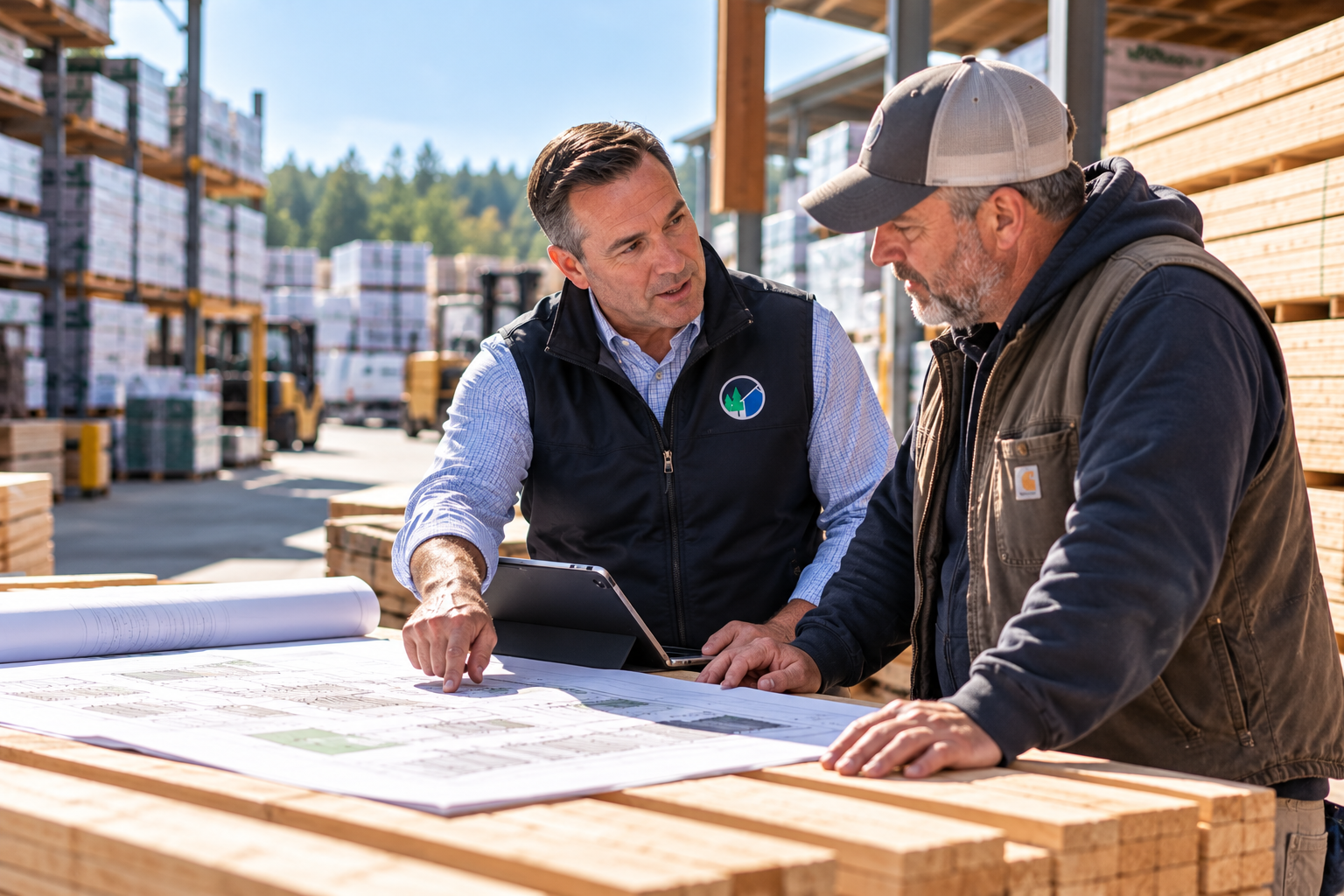 Two LBM Advantage dealers in work vests reviewing a blueprint spread over a stack of lumber in a yard, storage racks and a forklift behind them
